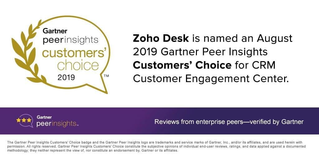 Zoho Desk, Gartner Ağustos 2019 CRM Müşteri İlişkileri Merkezi, Müşteri Seçiminde Yer Aldı